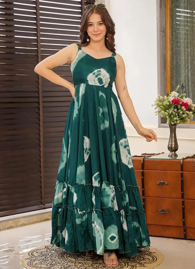 Rayon Green Casual Wear Printed Readymade Gown